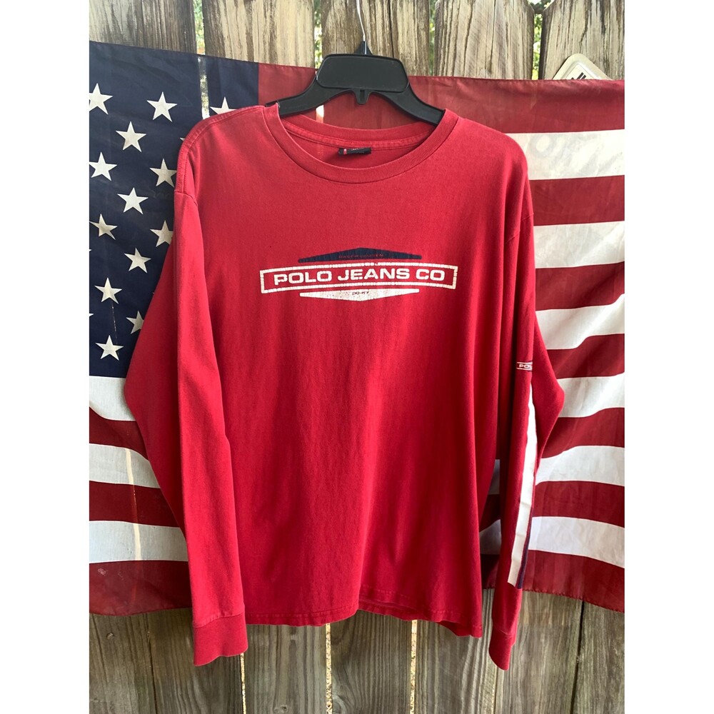Vintage Y2K Red and white Polo Jeans Ralph Lauren long sleeve tee Size L